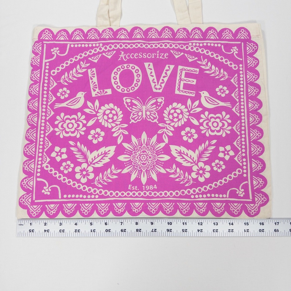 NWT Accessorize Pink Love Folk Floral Cotton Tote Bag Reusable Shopper Boho - Picture 12 of 14